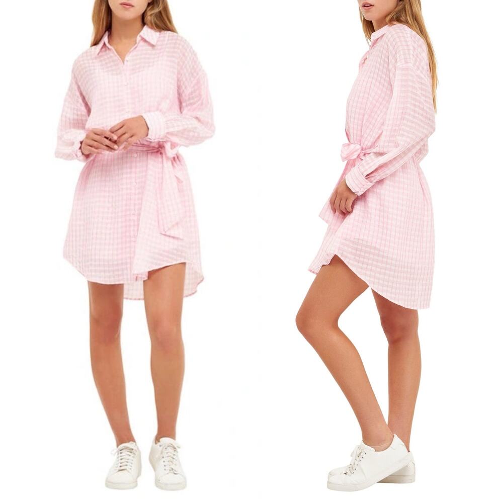ENGLISH FACTORY Pink Gingham Belted Shirt Dress Button Front Medium NWT